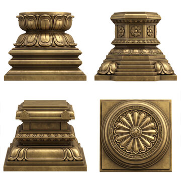 Collection of carved lotus temple pillar bases with layered pedestals, floral rosettes and stepped architectural foundations