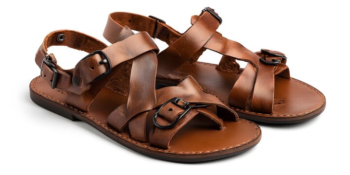 Pair of brown leather sandals with crossed straps and adjustable buckles on a white background