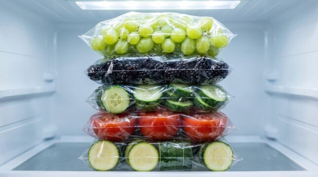 Stack of plastic bags filled with fresh fruits and vegetables inside a refrigerator