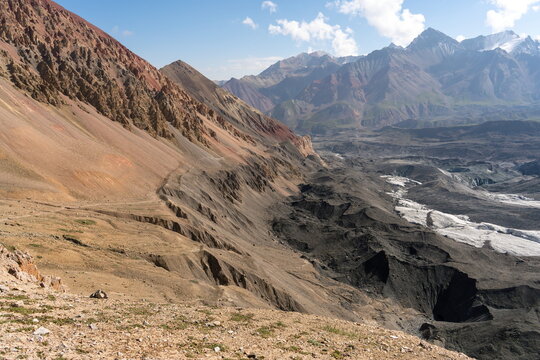 Trail toward Lenin Peak Base Camp from Camp 1 along colorful ridge, August