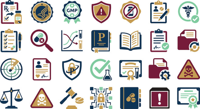 Set of medical and pharmaceutical quality control icons