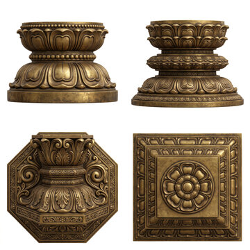 Carved temple pillar bases with lotus cushions, floral rosettes, geometric panels and varied architectural profiles