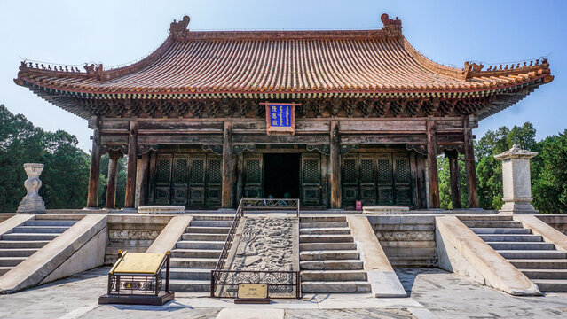 Ancient Chinese Temple with Dragon Roof at Xiling Scenic Spot, Baoding, Hebei