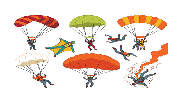 Parachuting and skydiving character collection set with jumpers freefalling and flying isolated on white background vector
