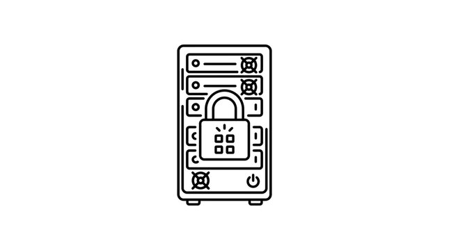 Server tower displays a prominent padlock symbol to represent secure data storage and information protection.