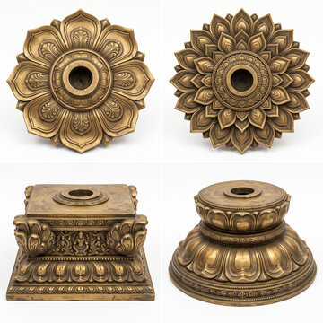 Temple architectural bases and floral rosettes featuring lotus petals, carved plinths, rounded forms and ornamental relief