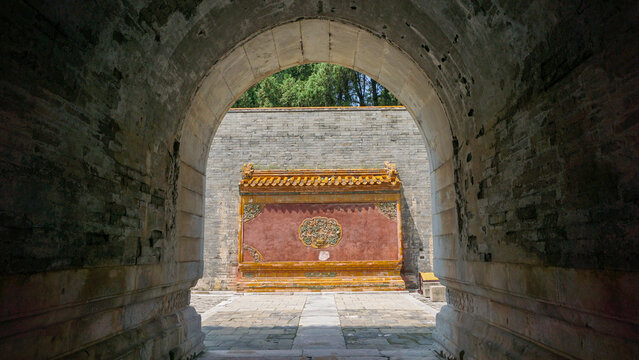 Traditional Chinese Temple Through Stone Arch, Yixian Hebei