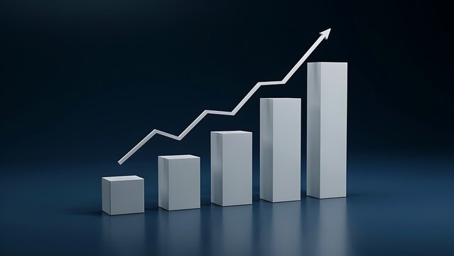 3D illustration of business growth chart with rising bars and upward trend arrow on dark blue background