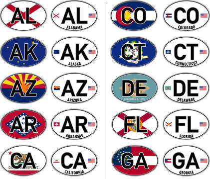USA, oval international vehicle registration code license plate car sticker, Alabama to Georgia, vector illustration