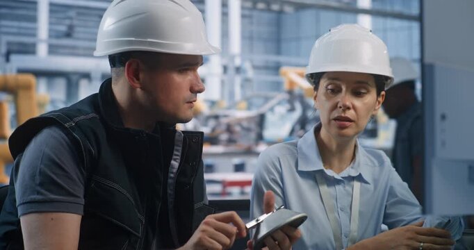 Smart Factory Colleagues Measure Machined Component with Caliper, Cross Checking Findings with Monitor Data. Collaborative Problem Solving Improves Accuracy in Industry 4.0 Car Assembly Plant.