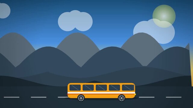 Flat Vector Animation of a Yellow Bus Traveling on a Scenic Mountain Road