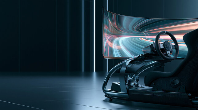 Modern racing simulator cockpit featuring curved monitor and ergonomic bucket seat in dark studio.