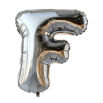 The image features a large, metallic, foil balloon shaped like the letter "F"