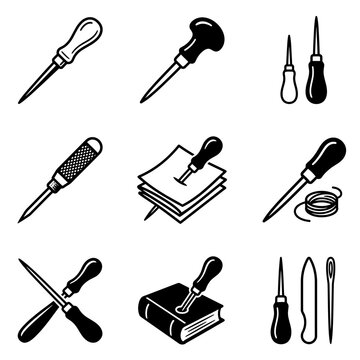 Set of leatherworking awl and bookbinding tool icons for craft and repair