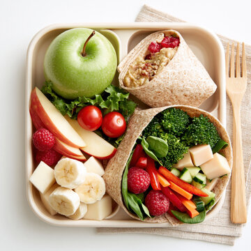 Healthy school lunch wrap whole grain tortilla fresh vegetable green apple broccoli spinach bell pepper cherry tomato banana slice cheese cube raspberry kid meal balanced nutrition lunch tray
