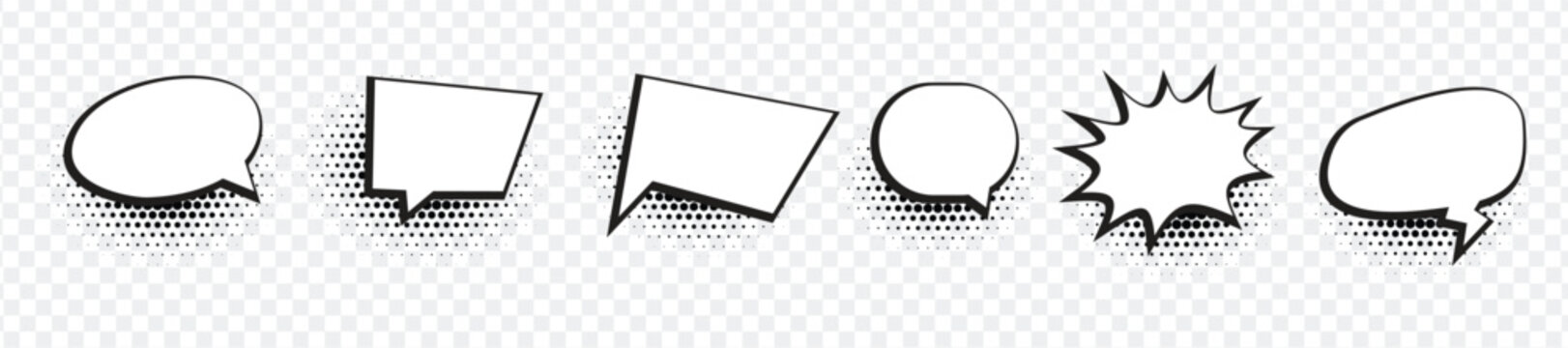 Collection of comic speech bubbles and explosion effects on transparent background