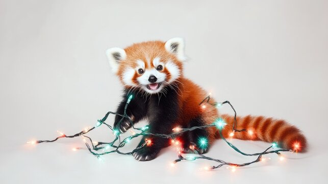A cute, plush red panda with white facial markings and a bushy, striped tail is sitting on a plain, light colored background