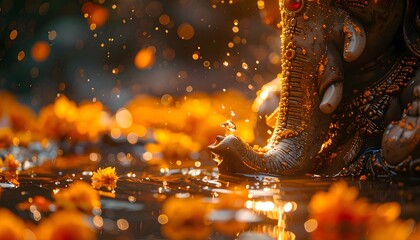 Fototapeta premium Lord Ganesha Idol Close Up with Glowing Water Reflections and Floating Marigold Petals