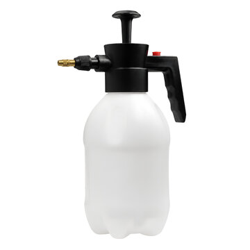 White garden sprayer with black pump handle.