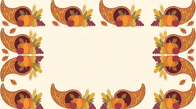 Decorative thanksgiving border featuring multiple cornucopias filled with autumn harvest fruits and vegetables on a cream background