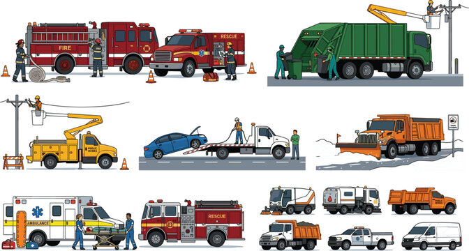 Municipal emergency vehicles and public utility service trucks set featuring fire engine ambulance garbage truck tow truck bucket truck snowplow vector illustration