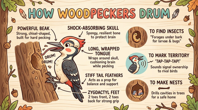 Woodpecker Anatomy and Drumming Behavior Educational Infographic Poster