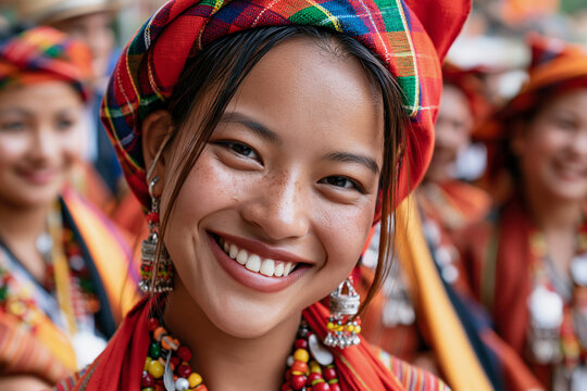 Brightly colored headscarf frames her joyful smile. Her earrings and beaded necklace gleam with vibrant hues. Festival dancers surround her, sharing warm, smiling expressions