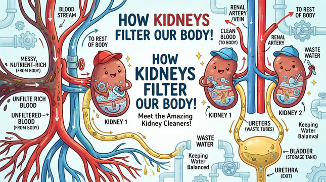 Educational Cartoon Infographic Explaining Human Kidney Filtration System for Kids with Cute Characters