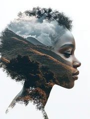 The image features a double exposure effect blending the profile of a young woman's face with a landscape scene © easybanana