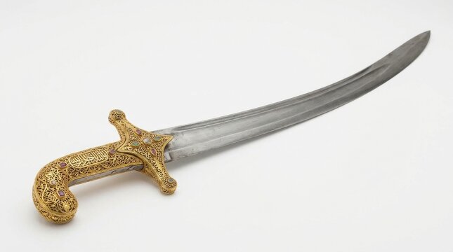 Ornate curved ceremonial sword with golden engraved handle and polished silver blade, representing traditional craftsmanship and historic elegance

