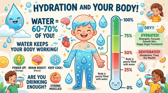 Educational Hydration Infographic for Kids showing Importance of Drinking Water and Body Health
