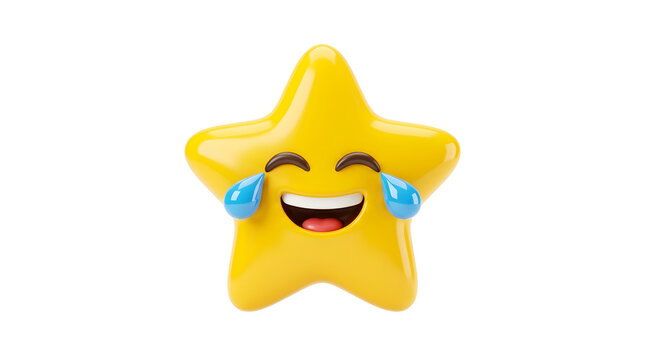 Yellow star character laughing with tears of joy isolated on a transparent background