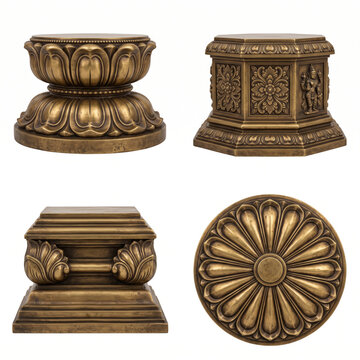 Carved temple pillar bases with lotus relief, stepped geometric forms and a large radial floral medallion