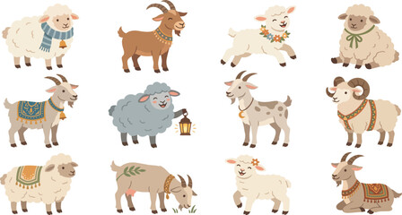 Fototapeta premium Collection of cute cartoon sheep and goats diverse farm animals with accessories for childrens illustrations and educational materials isolated on white