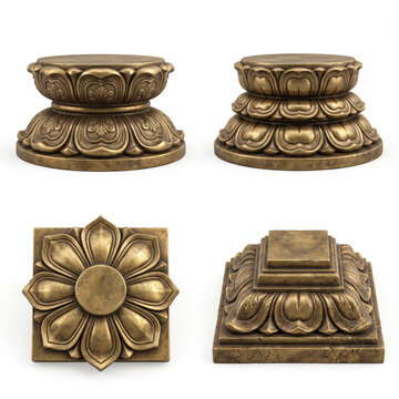 Compact carved temple pillar bases with lotus cushions, floral rosette and stepped square architectural foundation