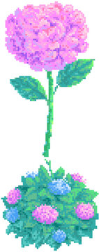 Hydrangea Bush and hydrangea flower in pixel art