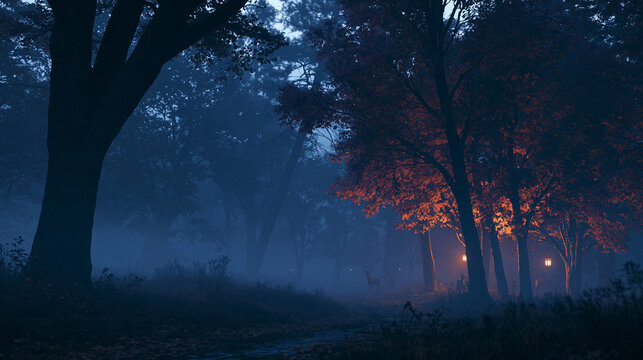 Mysterious forest scene with deer illuminated by warm lanterns and autumnal trees in blue mist.