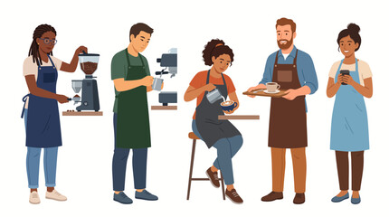 Obraz premium Diverse Group of Professional Baristas Preparing Coffee in a Modern Cafe Setting Illustration