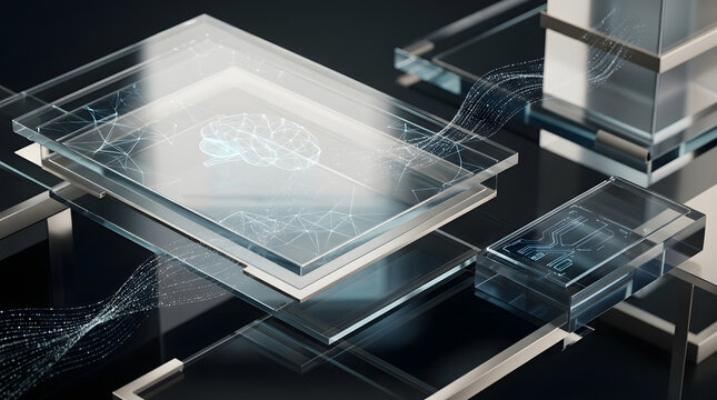 Advanced AI glass technology concept featuring glowing neural network and futuristic data