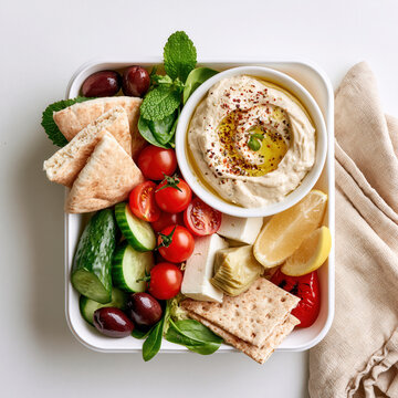 Mediterranean lunch box hummus pita cucumber tomato olive feta cracker lemon spinach fresh vegetable healthy food snack appetizer dip lunch meal takeaway to go vegetarian snack box food container