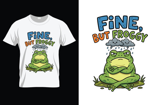 Fine But Froggy Funny Grumpy Frog T-Shirt Design -Rain Cloud Vector