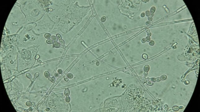 Microscopic View Of Yeast Cells And Fungal Hyphae Growing On Biological Sample