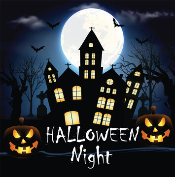 Happy halloween traditional night white moonlight, spooky, charge, flying bats, dead trees, pumpkin, cinematic haunted background