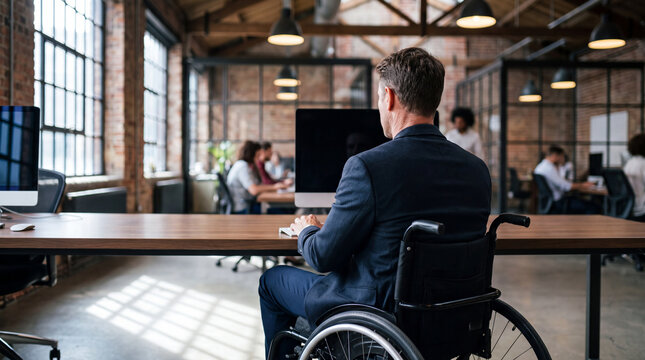 Rear view of a professional businessman in a wheelchair working at a computer in a busy, modern open-plan office with colleagues in the background.