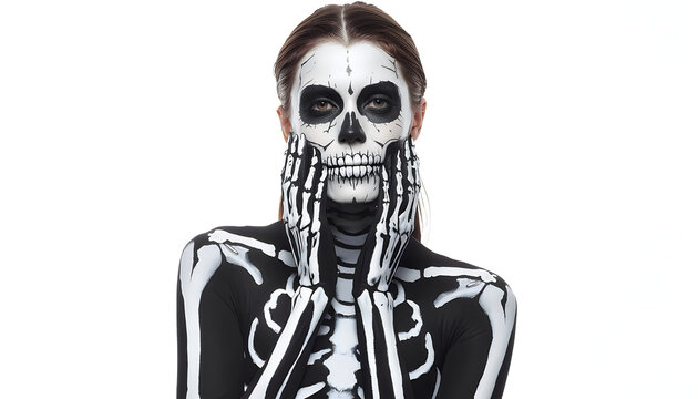 Woman with skeleton makeup and costume holding face hands.