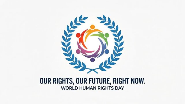 World Human Rights Day animation showing diverse people icon in wreath with slogan.