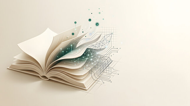 Digital education concept featuring open book with glowing data circuits and tech particles for modern learning