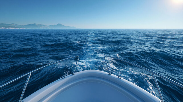 Point of view perspective from front of speed boat moving across turquoise sea water.