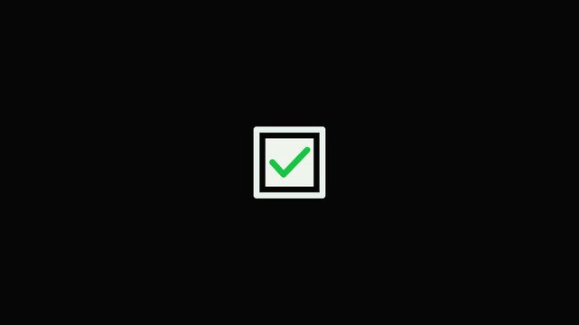 Clean green check symbol in a white square against a black canvas