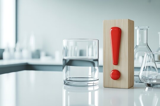 A glass of water placed next to a wooden block with a red exclamation mark icon